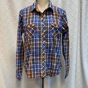 Panhandle size large Stylish Blue Brown Plaid Pearl snap down western‎ cowgirl